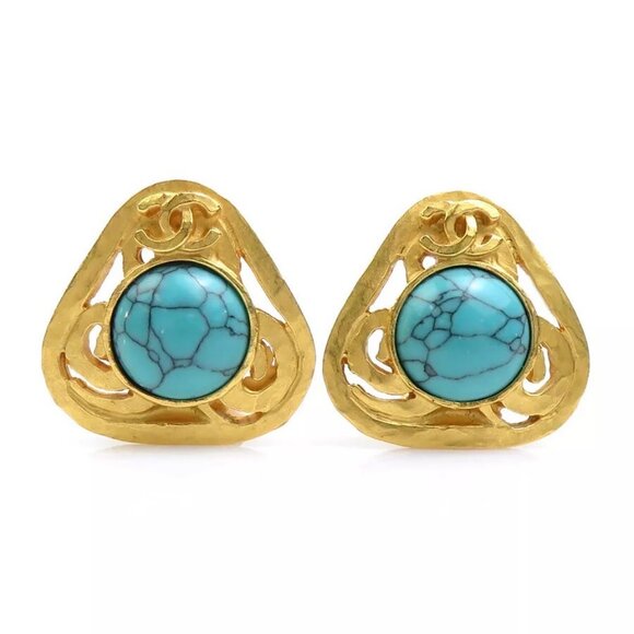 Auth CHANEL Vintage CC Logo Clip on Earrings Gold/Turquoise Metal/Stone